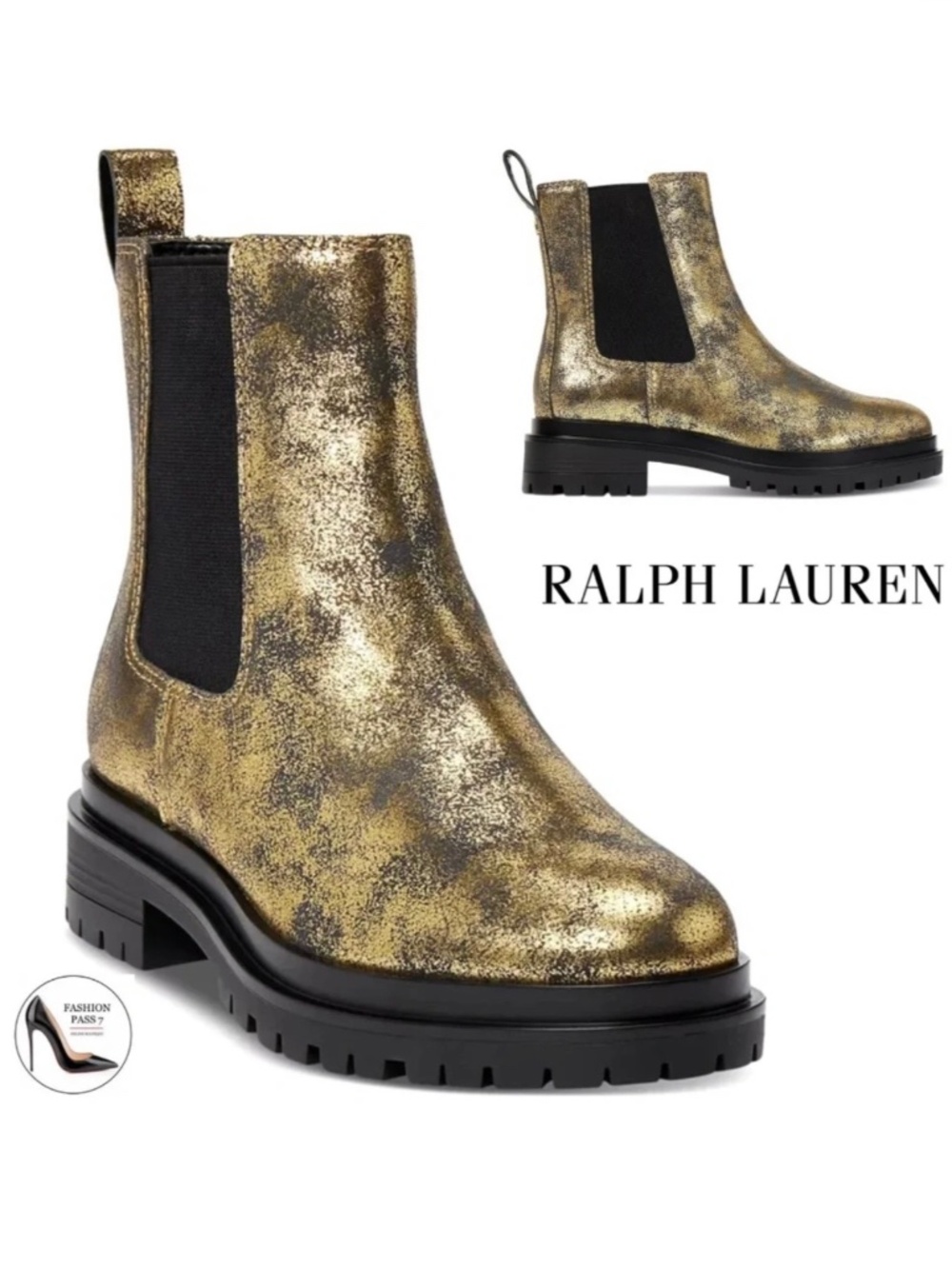 RALPH LAUREN Corinne Booties Gold Black Suede Leather Pull-On Chelsea Boots 7.5